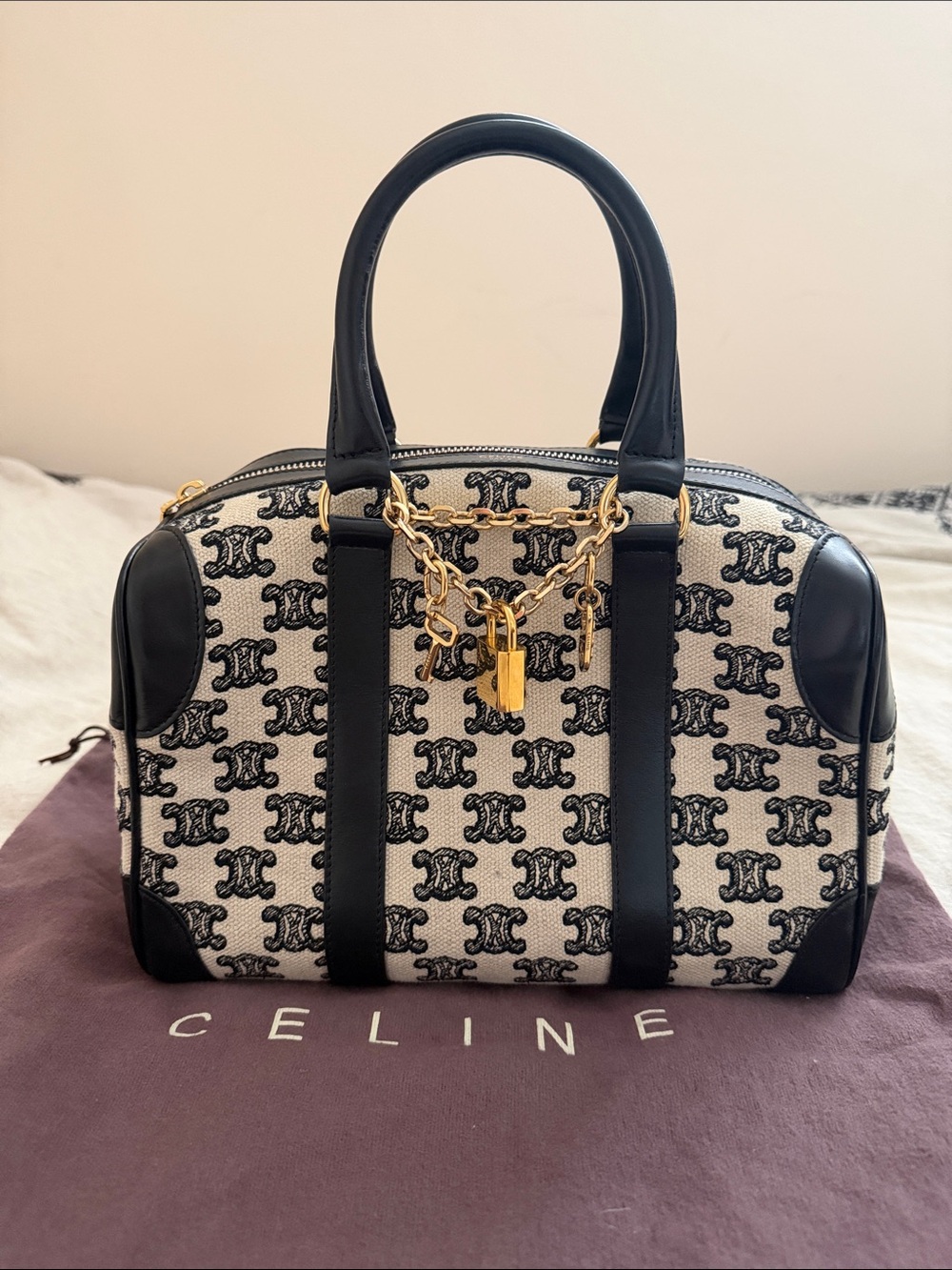 Celine Cuir Beige & Black Triomphe Small Boston Bag. No longer available